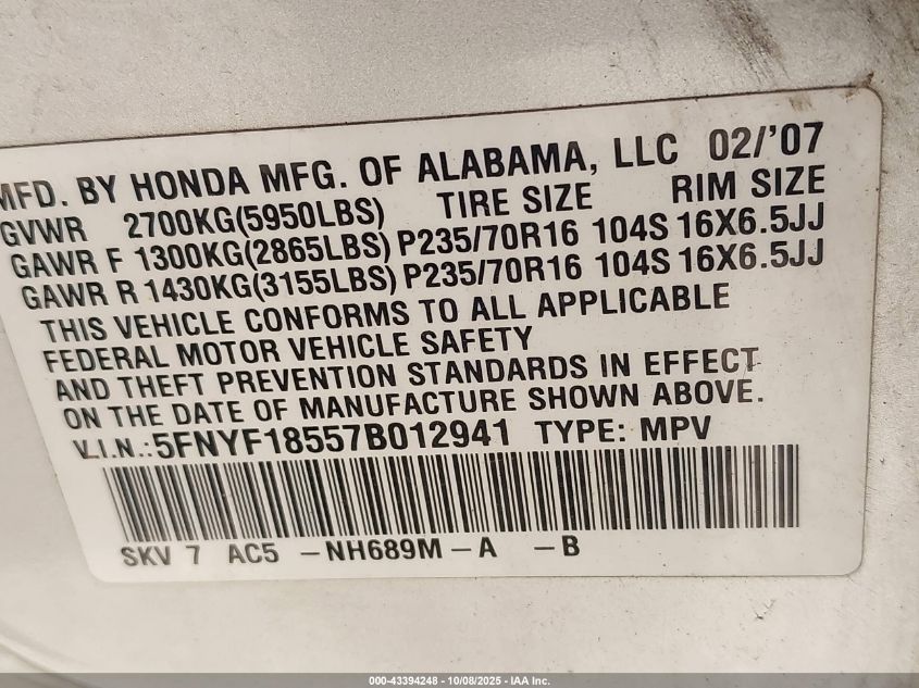 2007 Honda Pilot Ex-L VIN: 5FNYF18557B012941 Lot: 43394248