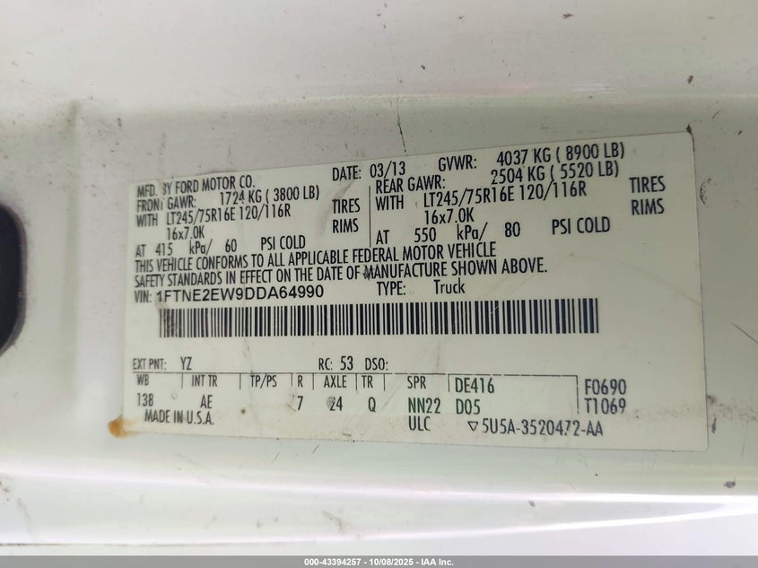 2013 FORD E-250 COMMERCIAL 1FTNE2EW9DDA64990