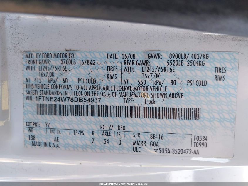 2008 Ford E-250 Commercial/Recreational VIN: 1FTNE24W78DB54937 Lot: 43394259