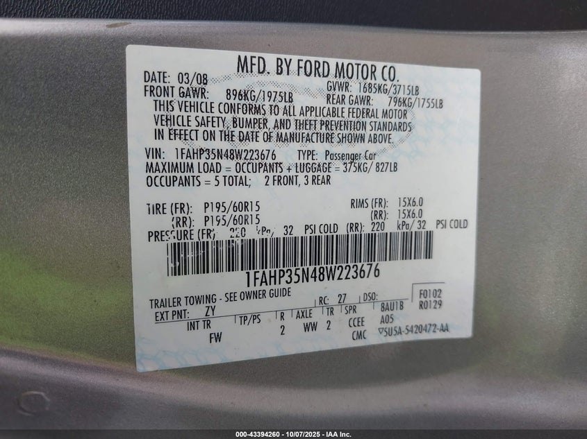 2008 Ford Focus Se/Ses VIN: 1FAHP35N48W223676 Lot: 43394260