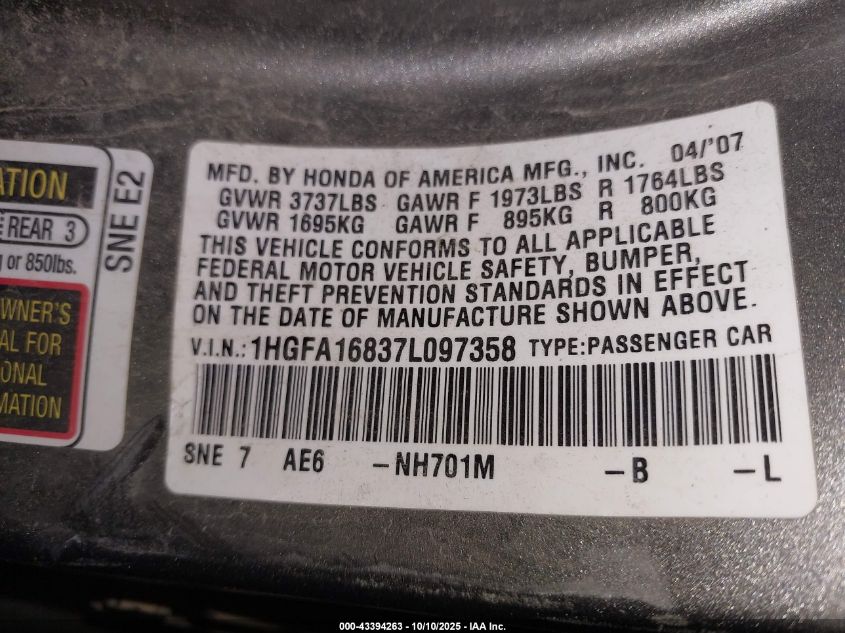 2007 Honda Civic Ex VIN: 1HGFA16837L097358 Lot: 43394263