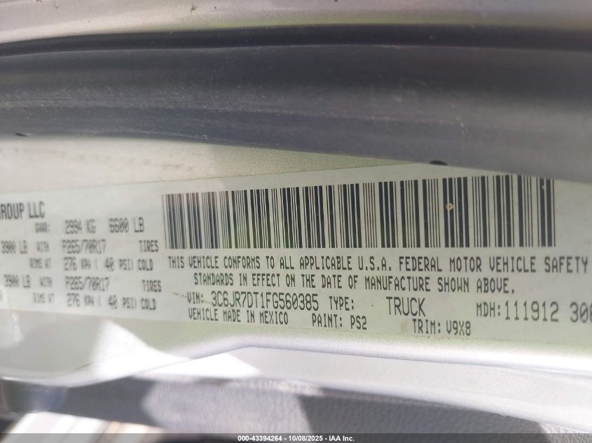 2015 Ram 1500 Tradesman VIN: 3C6JR7DT1FG560385 Lot: 43394264