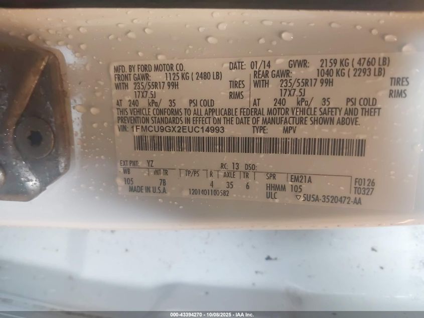 2014 Ford Escape Se VIN: 1FMCU9GX2EUC14993 Lot: 43394270