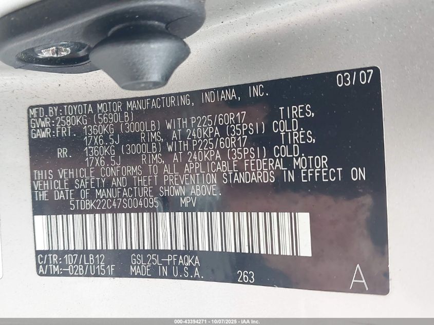 2007 Toyota Sienna Xle Limited VIN: 5TDBK22C47S004095 Lot: 43394271