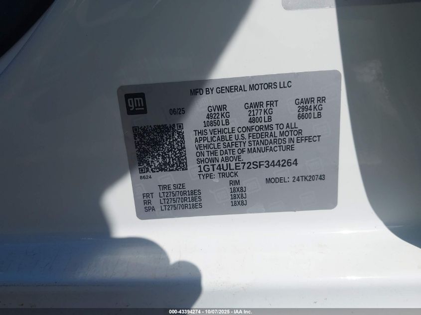 2025 GMC Sierra 2500Hd 4Wd Standard Bed Pro VIN: 1GT4ULE72SF344264 Lot: 43394274