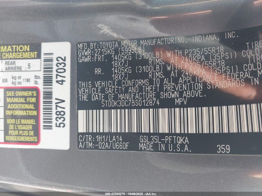 2011 Toyota Sienna Limited VIN: 5TDDK3DC7BS012874 Lot: 43394275