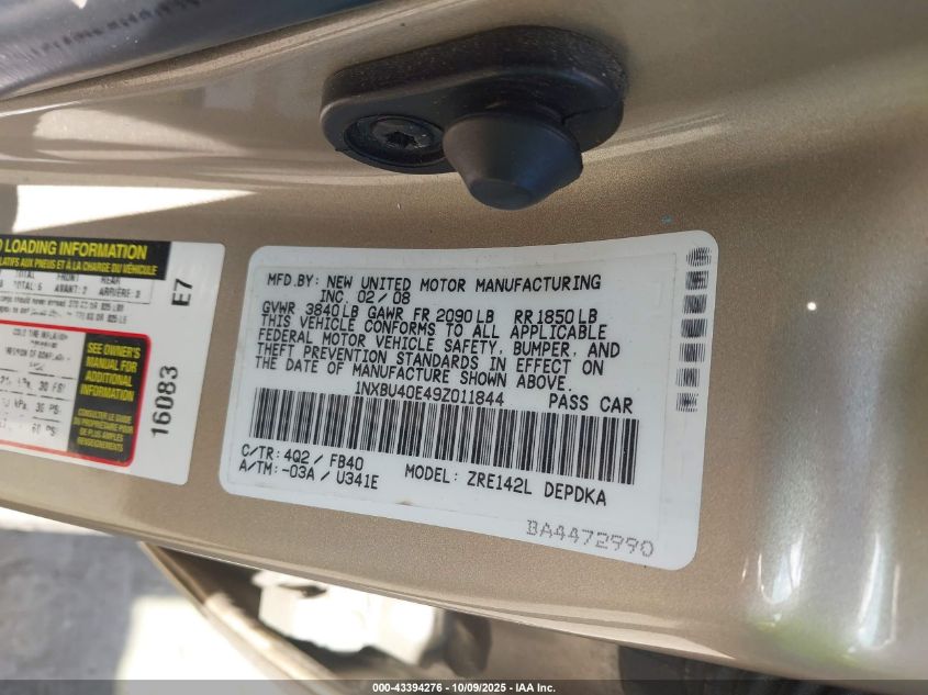 2009 Toyota Corolla Le VIN: 1NXBU40E49Z011844 Lot: 43394276