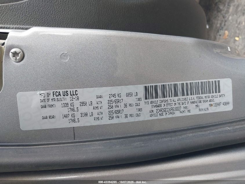 2019 Dodge Grand Caravan Gt VIN: 2C4RDGEG1KR616227 Lot: 43394285