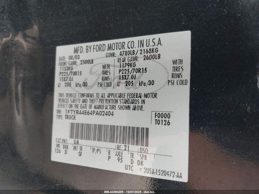 2004 Ford Ranger Xlt VIN: 1FTYR44E64PA02404 Lot: 43394289