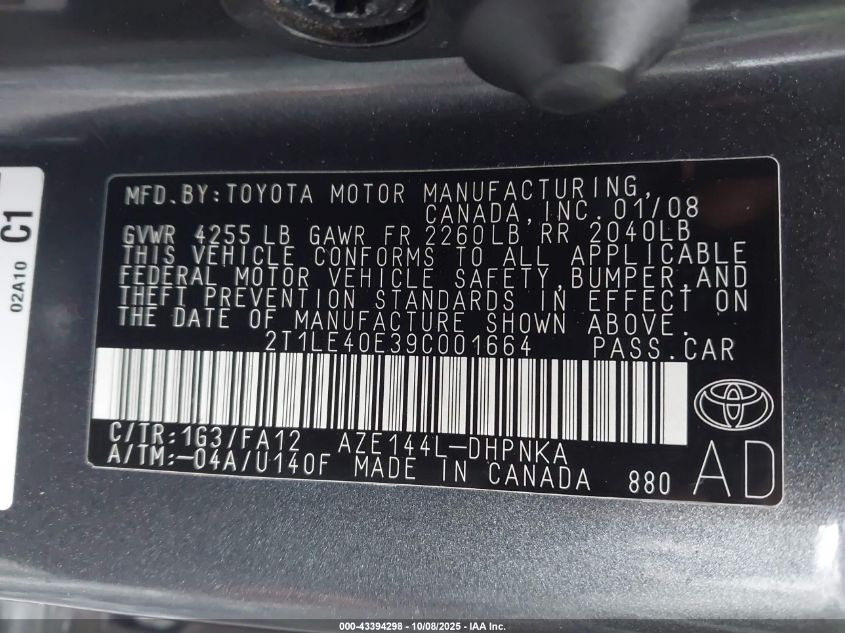 2009 Toyota Matrix S VIN: 2T1LE40E39C001664 Lot: 43394298