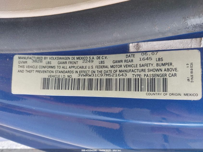 2007 Volkswagen New Beetle 2.5 VIN: 3VWRW31C97M521643 Lot: 43394306