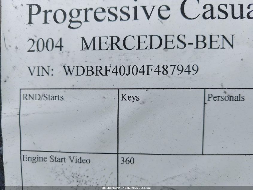 2004 Mercedes-Benz C 230 Kompressor Sport/Sport VIN: WDBRF40J04F487949 Lot: 43394311