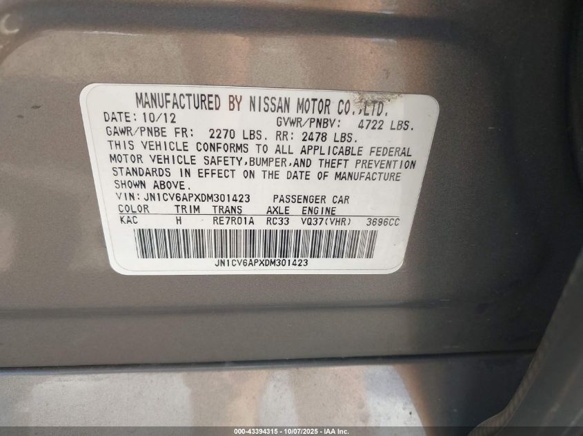 2013 Infiniti G37 Journey VIN: JN1CV6APXDM301423 Lot: 43394315