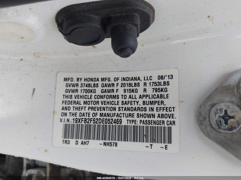 2013 Honda Civic Lx VIN: 19XFB2F52DE052469 Lot: 43394318