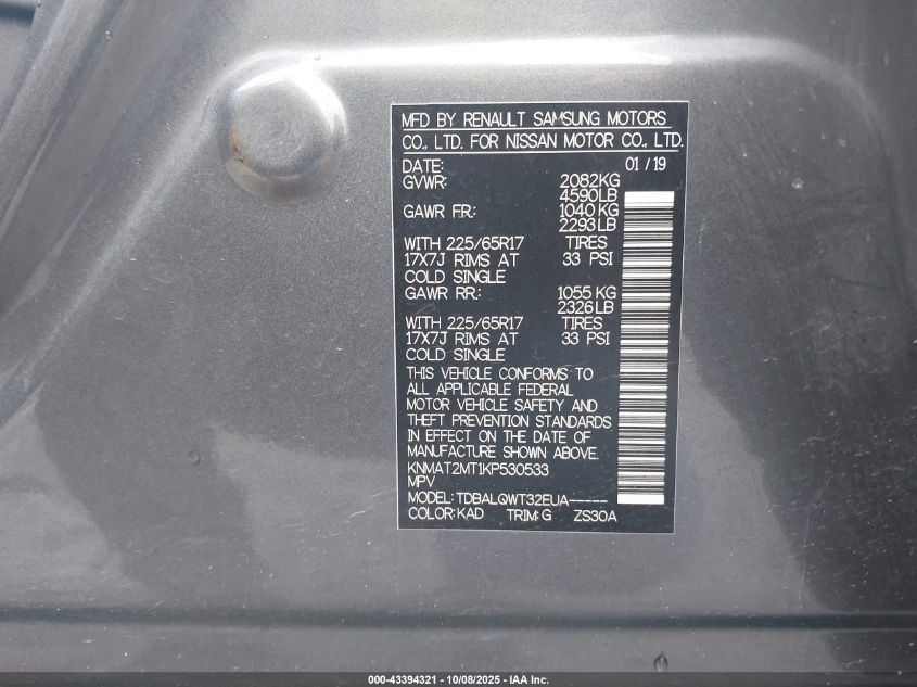 2019 Nissan Rogue Sv VIN: KNMAT2MT1KP530533 Lot: 43394321