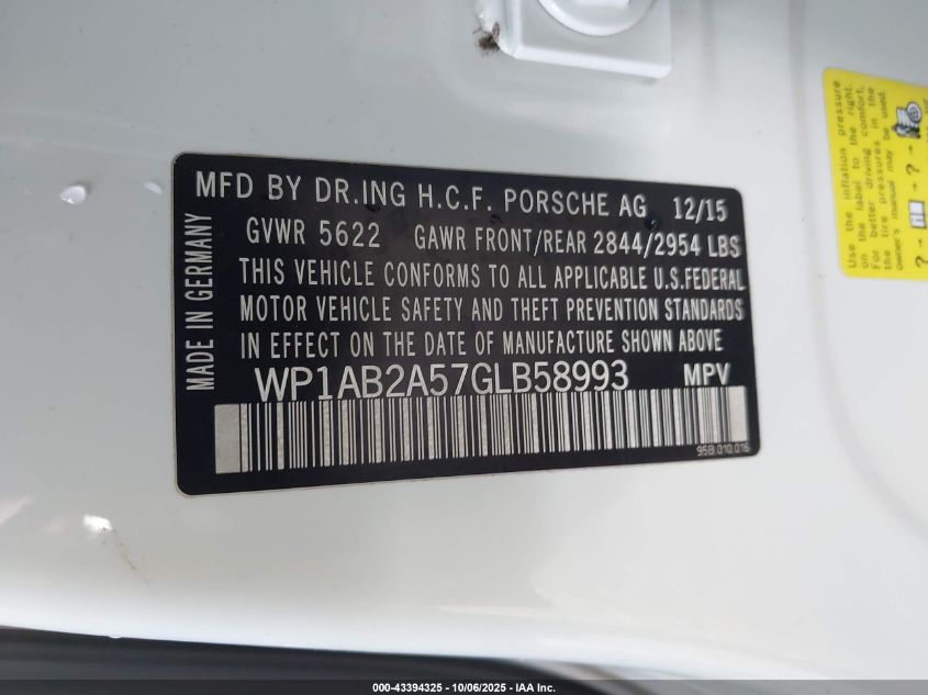 2016 Porsche Macan S VIN: WP1AB2A57GLB58993 Lot: 43394325