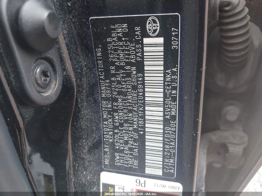 2014 Toyota Camry Le VIN: 4T1BF1FK7EU469149 Lot: 43394326