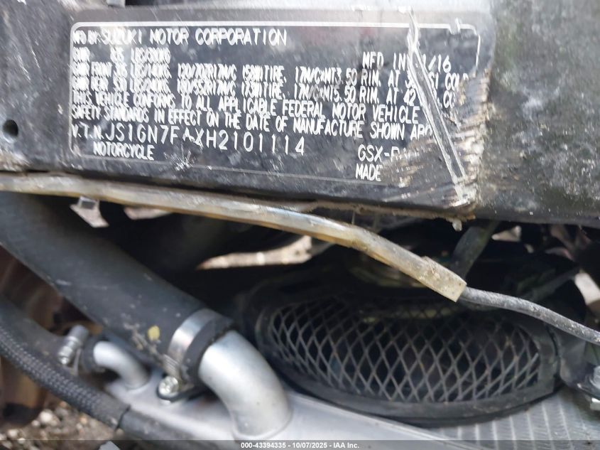 2017 Suzuki Gsx-R600 VIN: JS1GN7FAXH2101114 Lot: 43394335