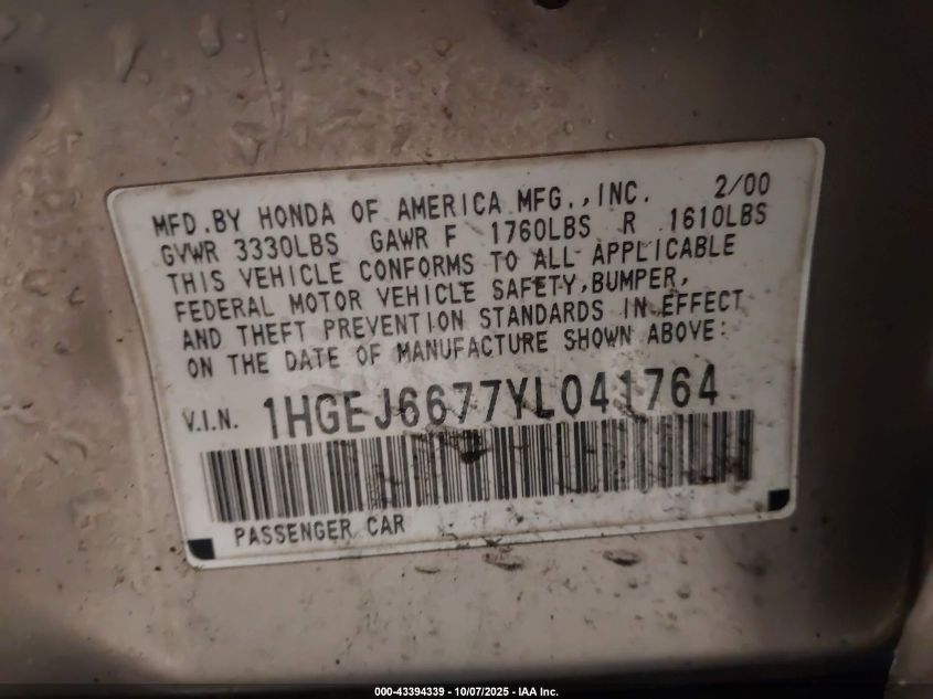 2000 Honda Civic Lx VIN: 1HGEJ6677YL041764 Lot: 43394339