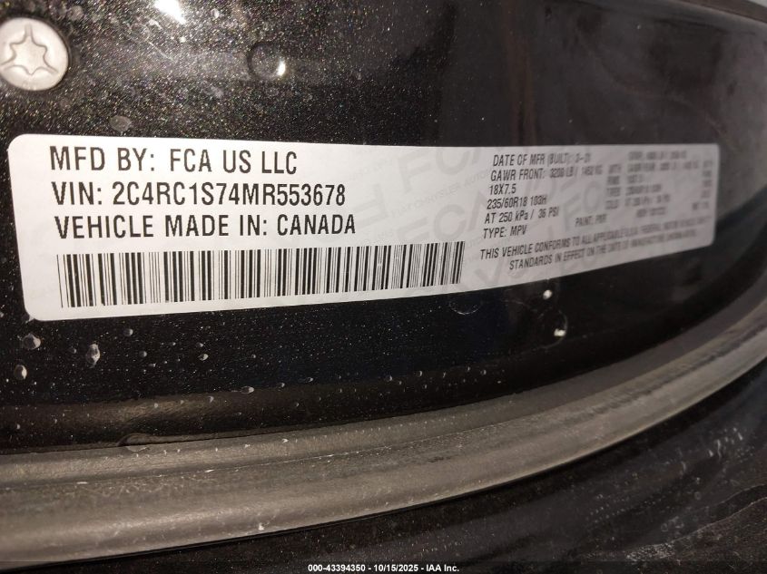 2021 Chrysler Pacifica Hybrid Limited VIN: 2C4RC1S74MR553678 Lot: 43394350
