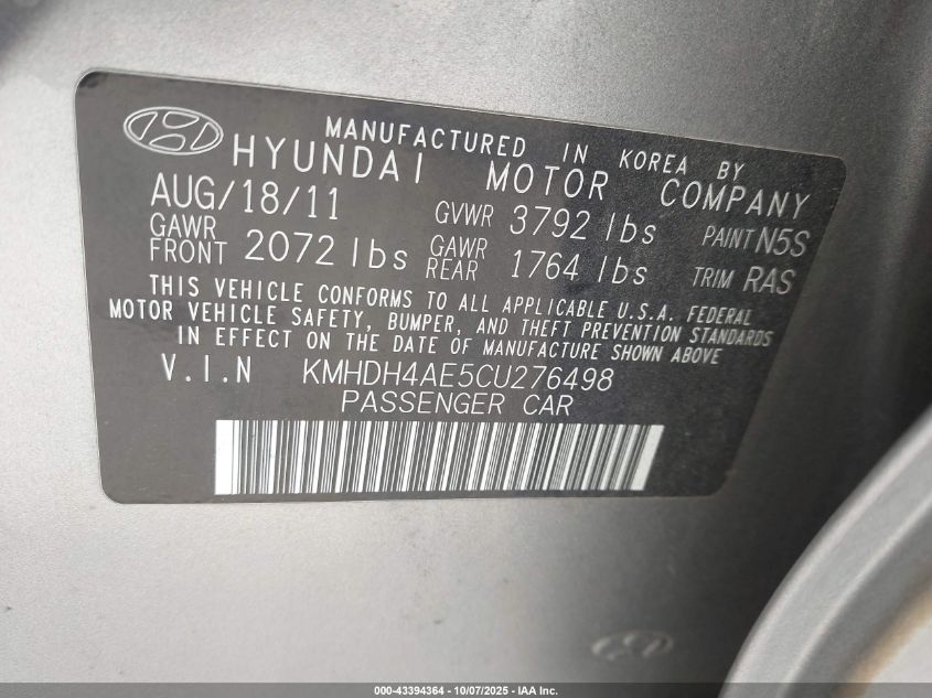 2012 Hyundai Elantra Limited (Ulsan Plant) VIN: KMHDH4AE5CU276498 Lot: 43394364