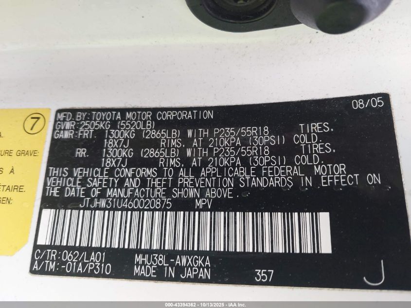 2006 Lexus Rx 400H VIN: JTJHW31U460020875 Lot: 43394362