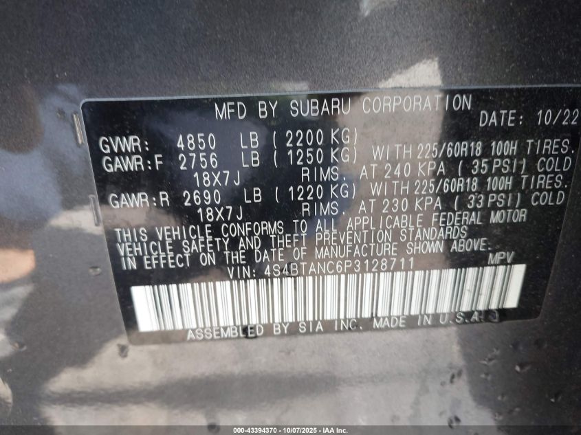 2023 Subaru Outback Limited VIN: 4S4BTANC6P3128711 Lot: 43394370