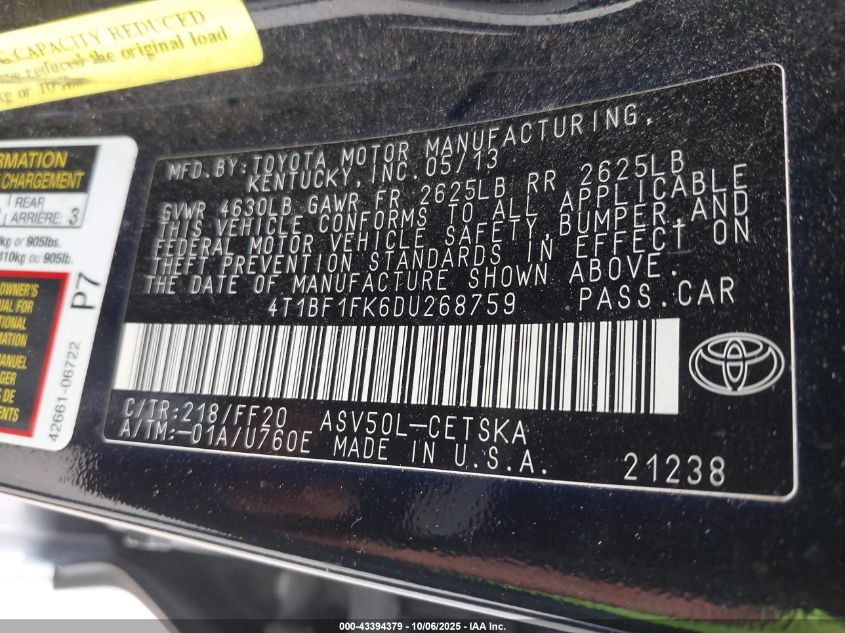 2013 Toyota Camry Se VIN: 4T1BF1FK6DU268759 Lot: 43394379