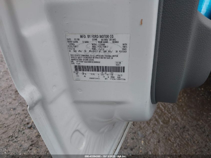 2008 Ford F-150 Stx/Xl/Xlt VIN: 1FTRF12238KE99662 Lot: 43394380