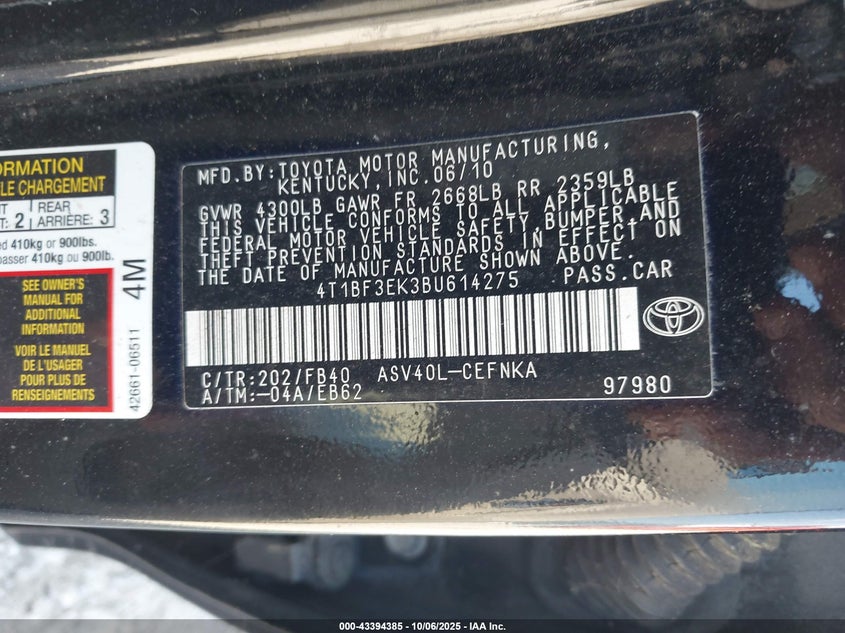 2011 Toyota Camry VIN: 4T1BF3EK3BU614275 Lot: 43394385