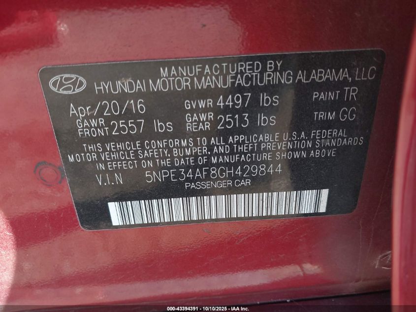 2016 Hyundai Sonata Sport VIN: 5NPE34AF8GH429844 Lot: 43394391