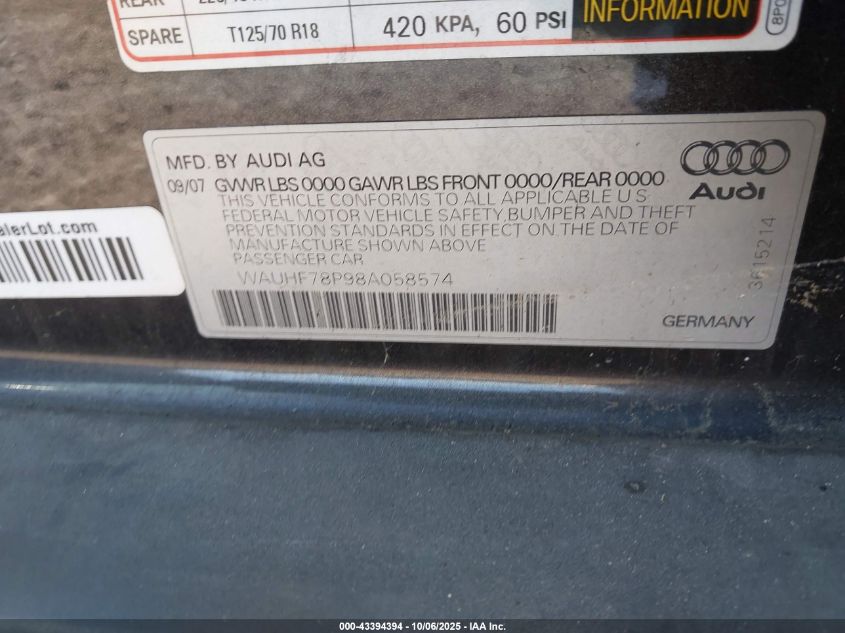 2008 Audi A3 2.0T VIN: WAUHF78P98A058574 Lot: 43394394