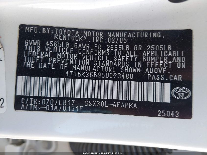 2005 Toyota Avalon Limited VIN: 4T1BK36B95U023480 Lot: 43394393