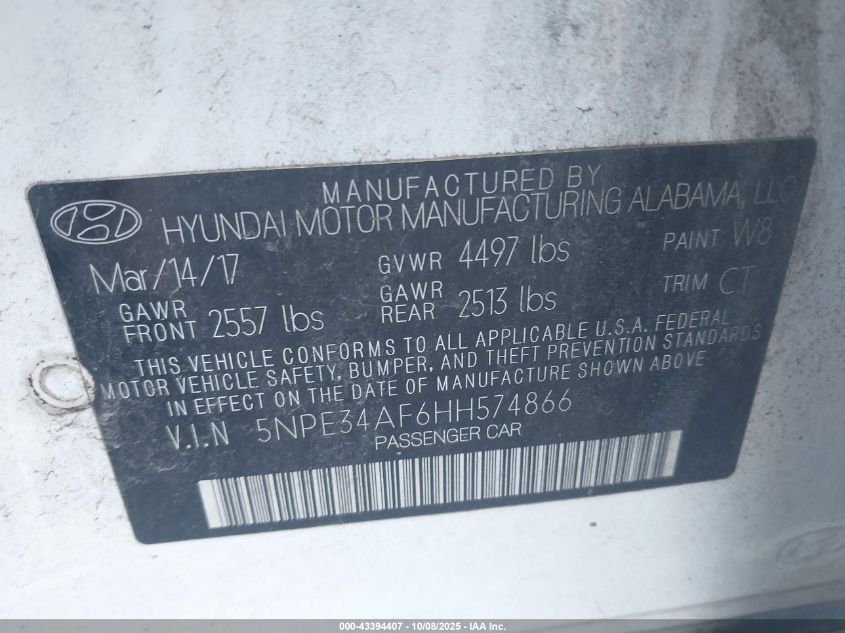 2017 Hyundai Sonata Sport VIN: 5NPE34AF6HH574866 Lot: 43394407