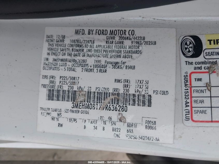 2009 Mercury Milan V6 Premier VIN: 3MEHM081X9R636280 Lot: 43394409