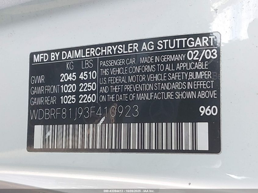 2003 Mercedes-Benz C 240 VIN: WDBRF81J93F410923 Lot: 43394413