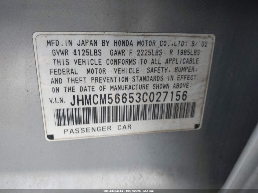 2003 Honda Accord 2.4 Ex VIN: JHMCM56653C027156 Lot: 43394414
