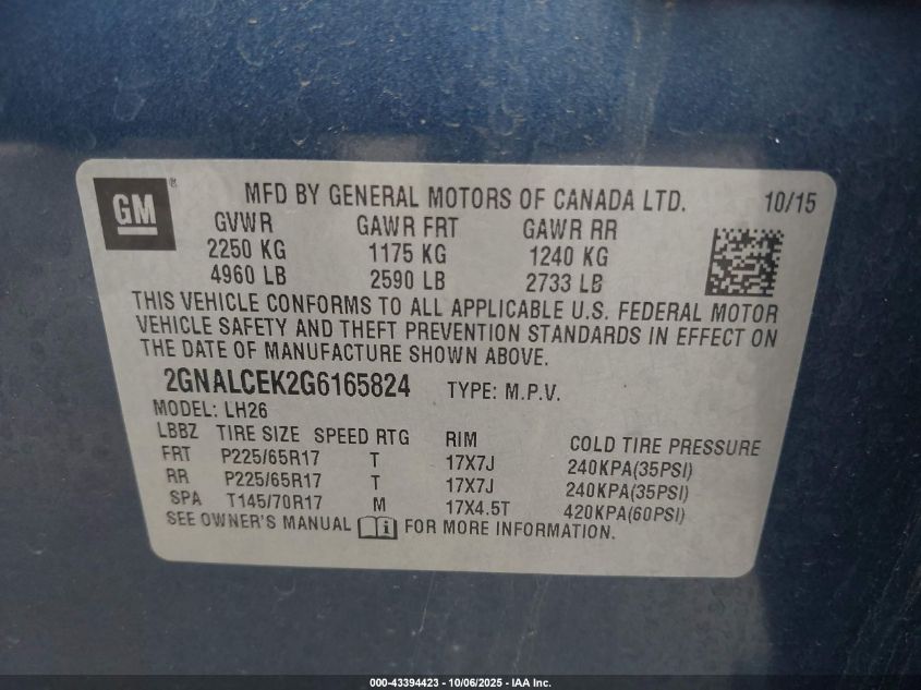2016 Chevrolet Equinox Lt VIN: 2GNALCEK2G6165824 Lot: 43394423