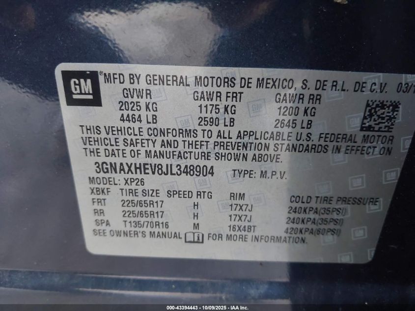 2018 Chevrolet Equinox Ls VIN: 3GNAXHEV8JL348904 Lot: 43394443