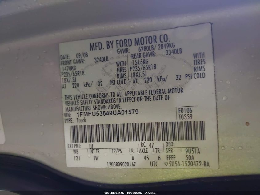 2009 Ford Explorer Sport Trac Limited VIN: 1FMEU53849UA01579 Lot: 43394445