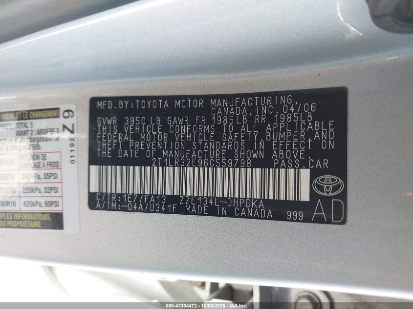 2006 Toyota Matrix VIN: 2T1LR32E96C559798 Lot: 43394472