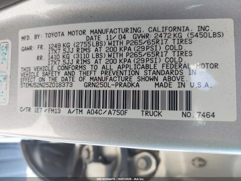 2005 Toyota Tacoma Base V6 VIN: 5TEMU52N25Z018373 Lot: 43394475