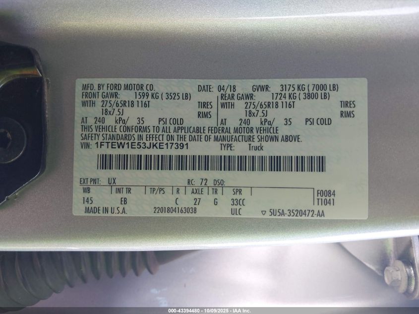 2018 Ford F-150 Lariat VIN: 1FTEW1E53JKE17391 Lot: 43394480