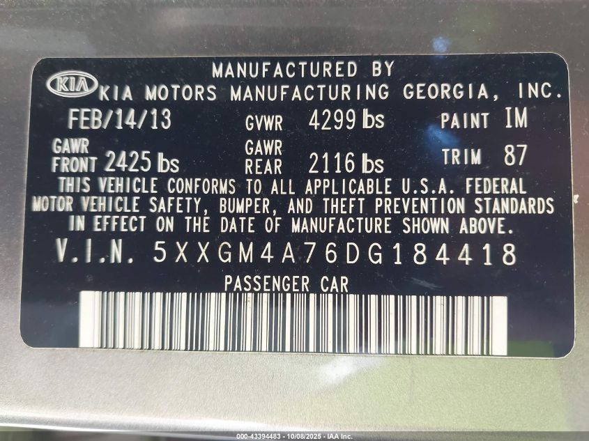 2013 Kia Optima Lx VIN: 5XXGM4A76DG184418 Lot: 43394483