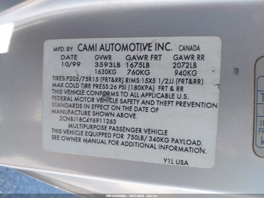 2000 Chevrolet Tracker VIN: 2CNBJ18C4Y6911263 Lot: 43394489