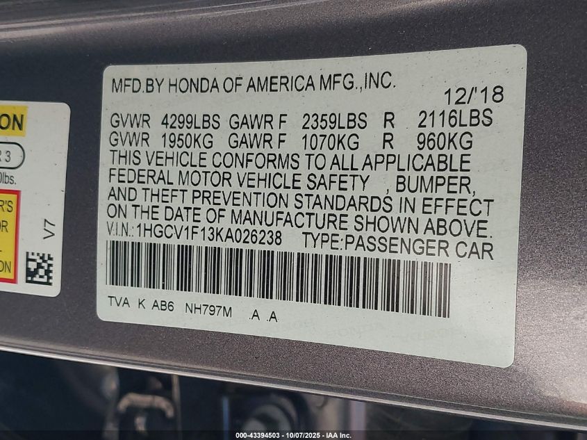 2019 Honda Accord Lx VIN: 1HGCV1F13KA026238 Lot: 43394503