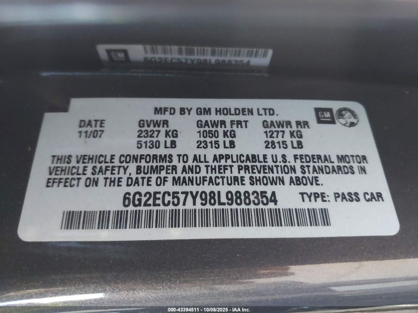 2008 Pontiac G8 Gt VIN: 6G2EC57Y98L988354 Lot: 43394511