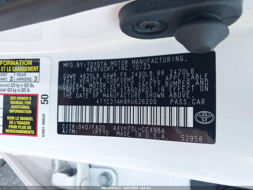 2024 Toyota Camry Hybrid Le VIN: 4T1C31AK8RU626200 Lot: 43394513