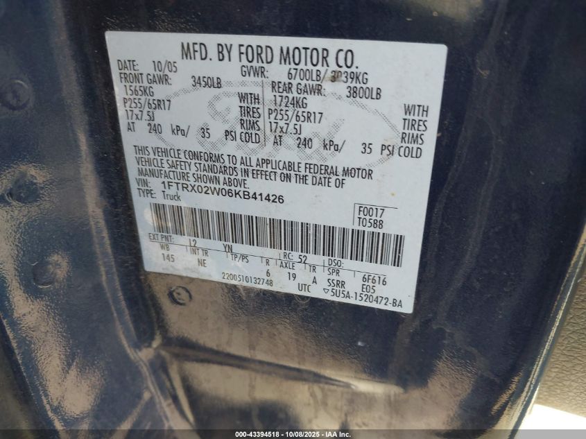 2006 Ford F-150 Stx/Xlt VIN: 1FTRX02W06KB41426 Lot: 43394518