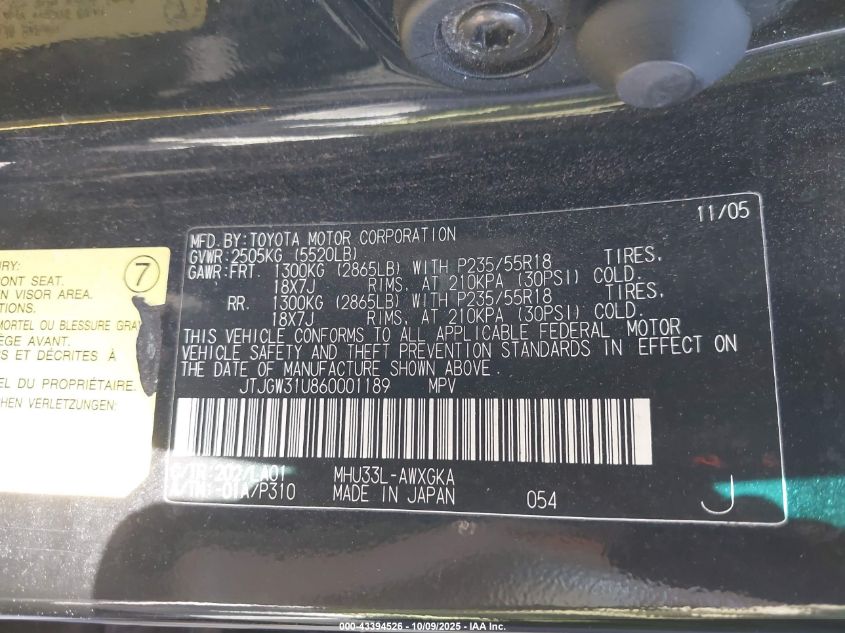 2006 Lexus Rx 400 VIN: JTJGW31U860001189 Lot: 43394526